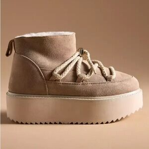 INUIKII Tan Shearling Lined Suede Platform Lace Up Low Winter Comfort Boots 38